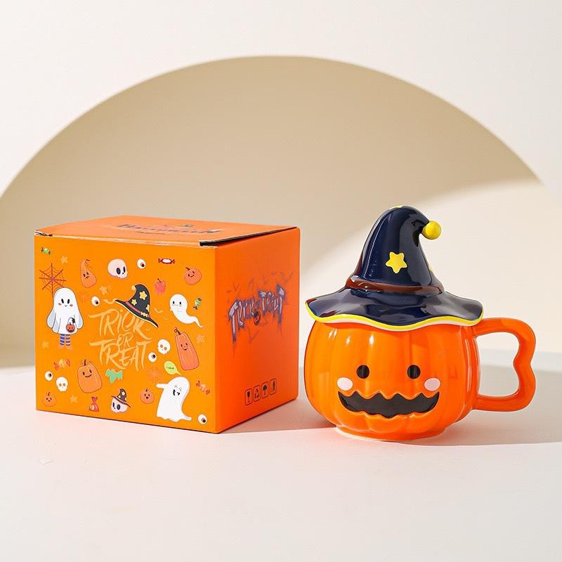 Halloween decorative gift pumpkin ceramic cup with high value mug gift box office funny water cup