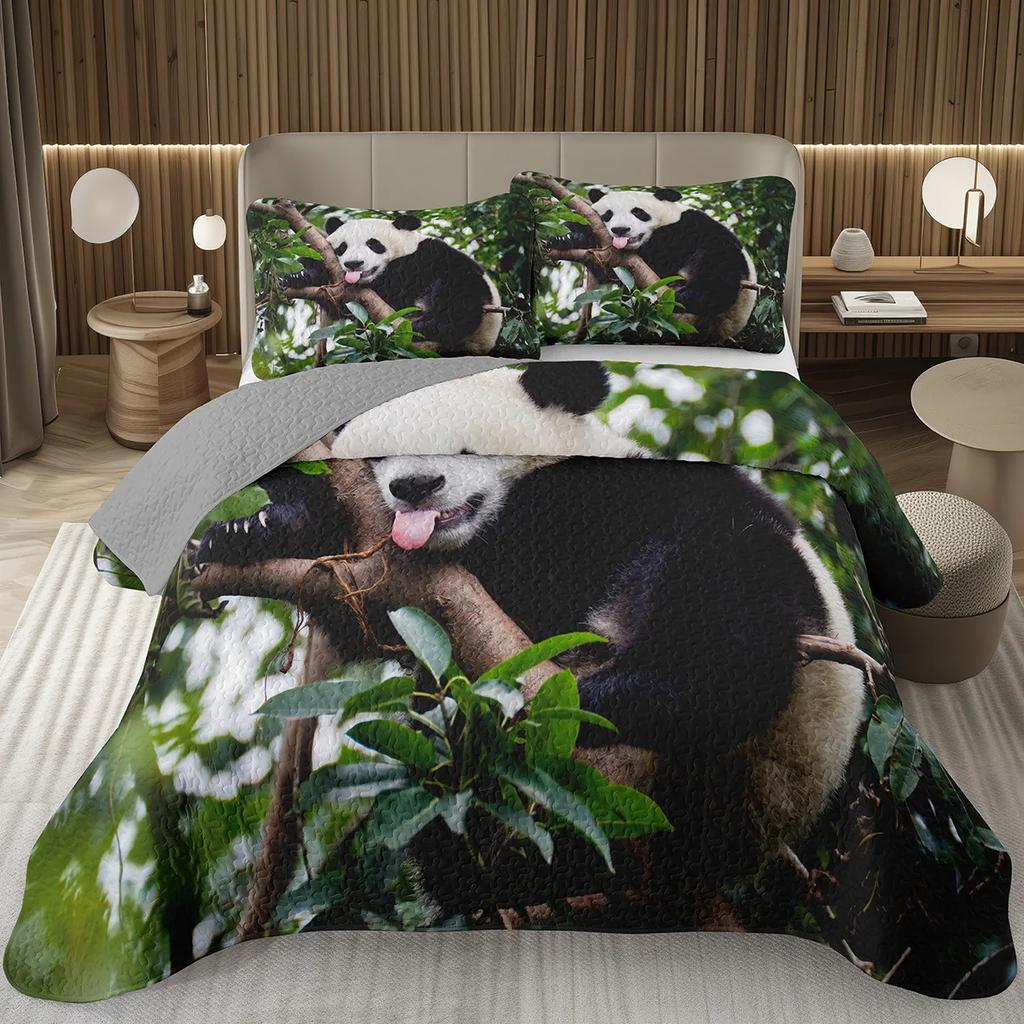 White And Black Panda Bedspread Set Kawaii Bamboo Botanical Twin Quilt Set Cute Panda Themed Coverlet Wild Animal Bedding Set