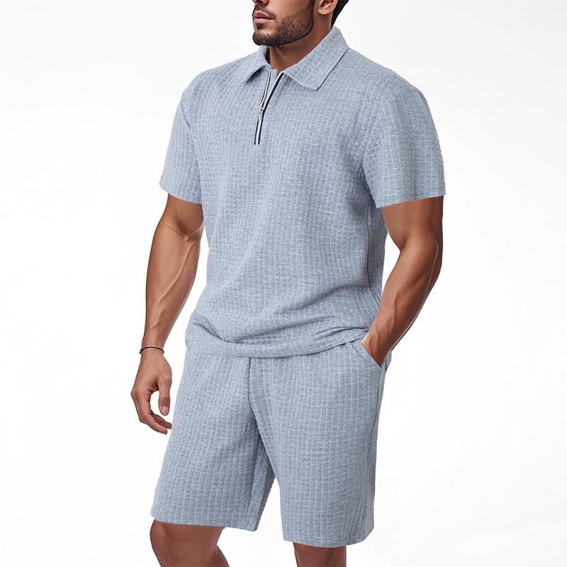 Summer Men’s Short-Sleeved Set: Jacquard Small Check Loose-Fit Casual Polo Shirt Set for Men