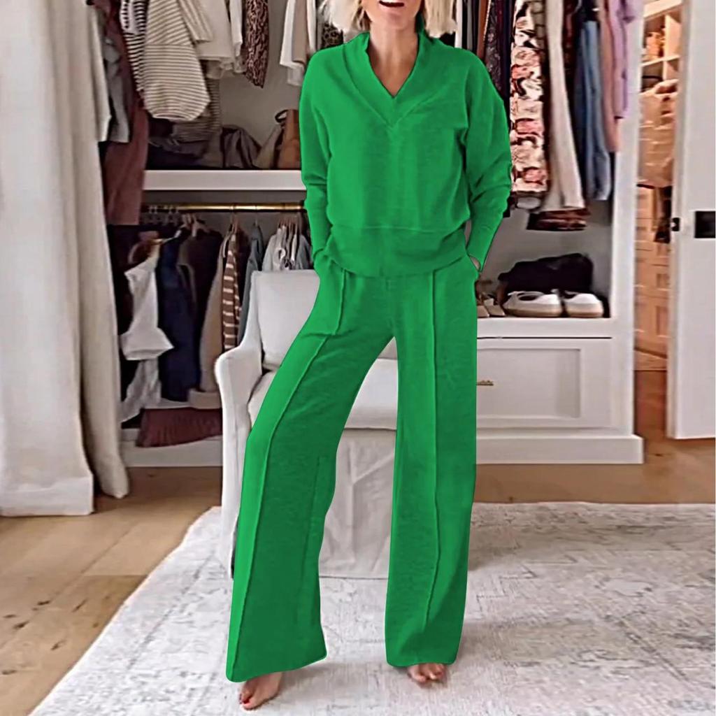 Women's Casual V-Neck Long Sleeve Loose Top Wide Leg Pants Two-Piece Set