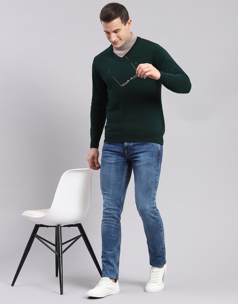 Monte Carlo Mens Solid Green V Neck Full Sleeve Pullover