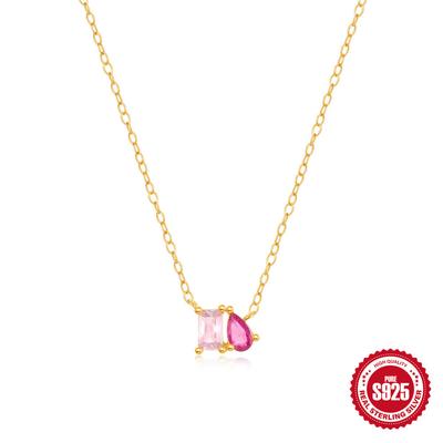 S925 Sterling Silver Simple Personality Versatile Square Zircon Water Drop Color Diamond Sweet Necklace