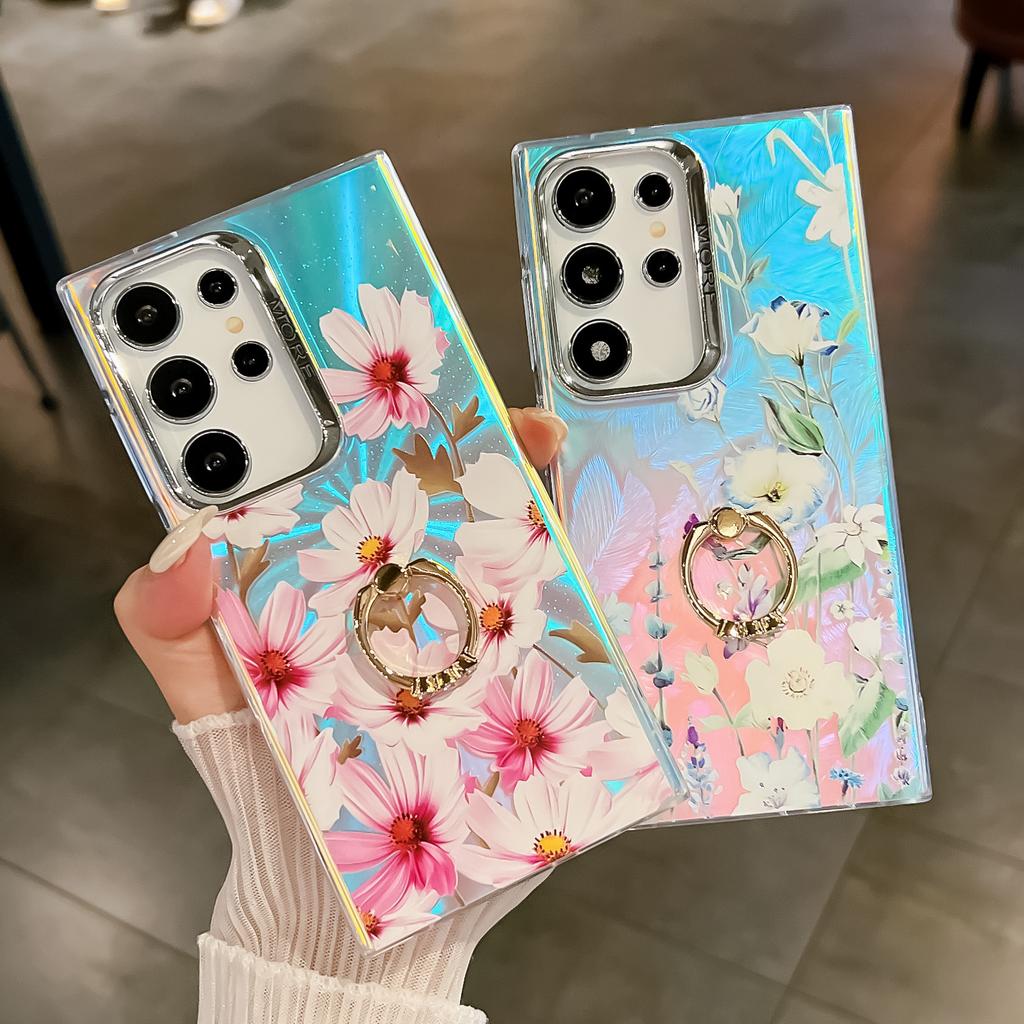 Electroplating Laser Flower Imd Hard Shell Suitable for Samsung S25ultra Ring Bracket S24Plus Mobile Phone Case A56