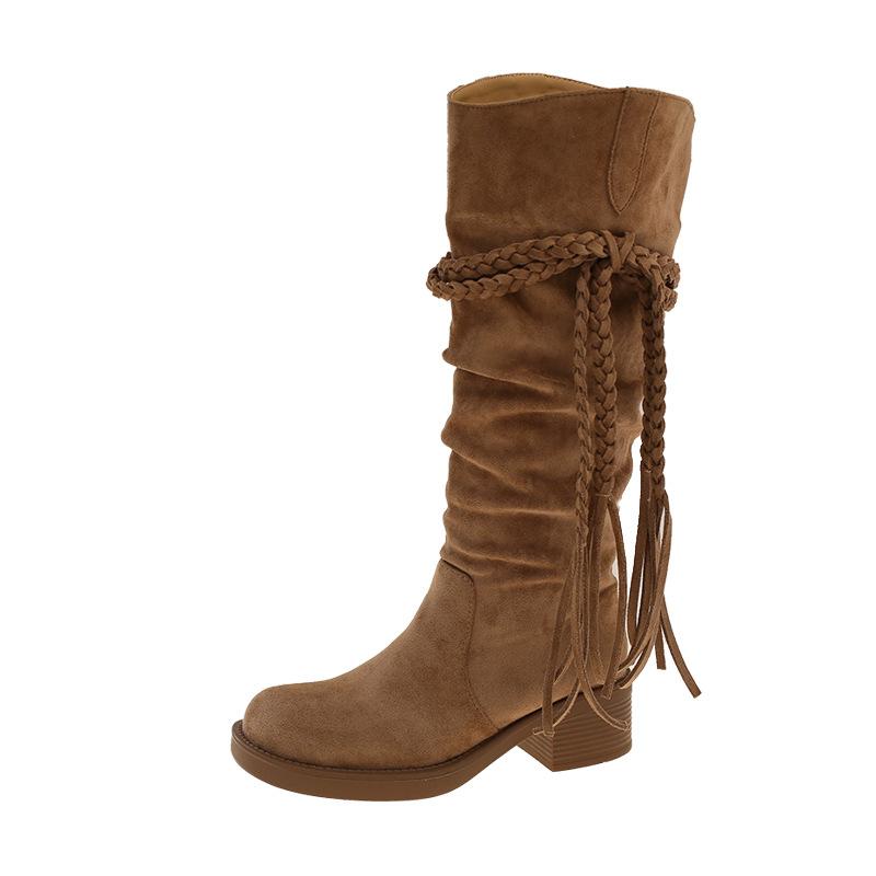 Nude high-heeled boots women's autumn and winter boots 2025 new popular tall removable two-wear thin boots