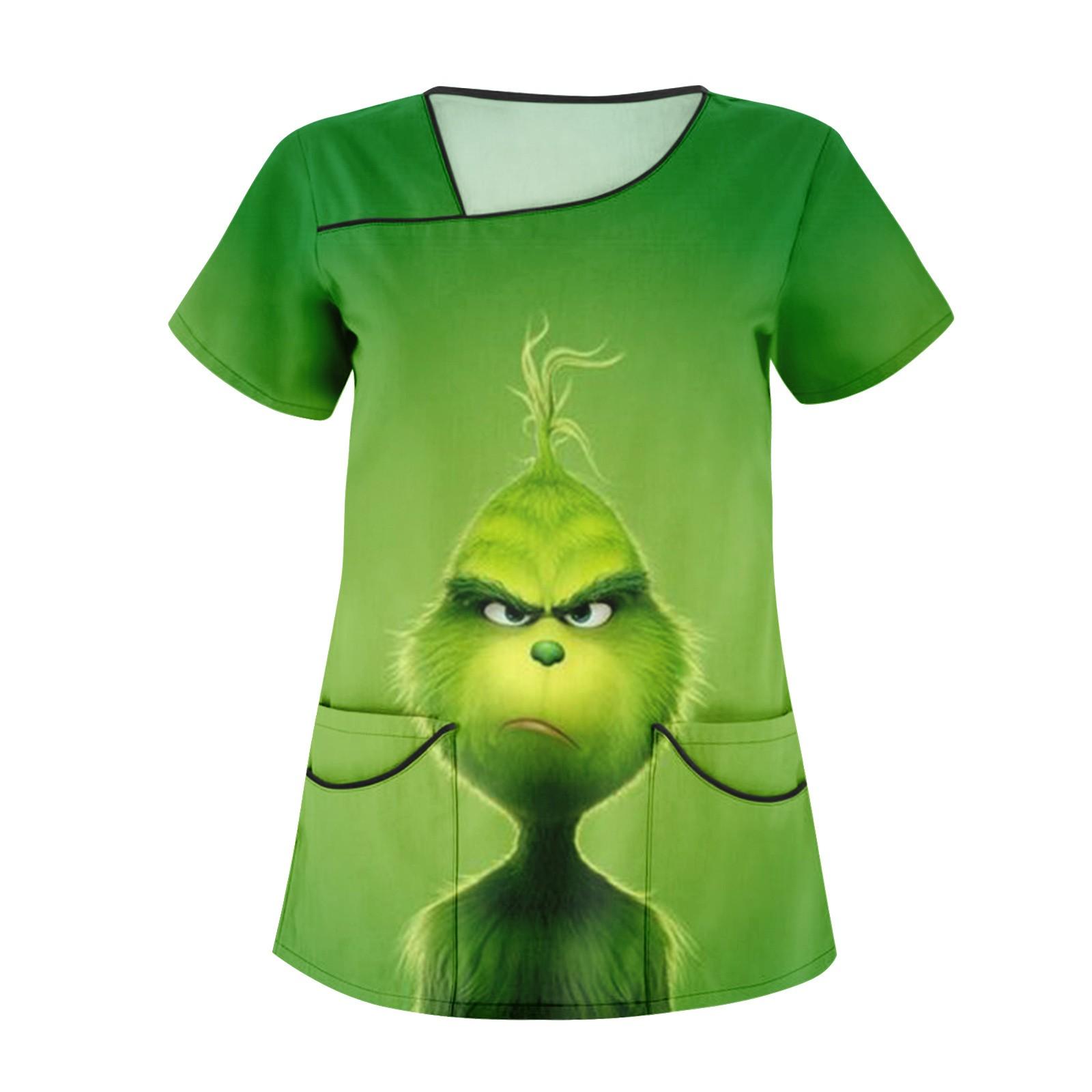 

Женская повседневная рабочая одежда с короткими рукавами с рождественским мультяшным принтом и верхом с двойными карманами M