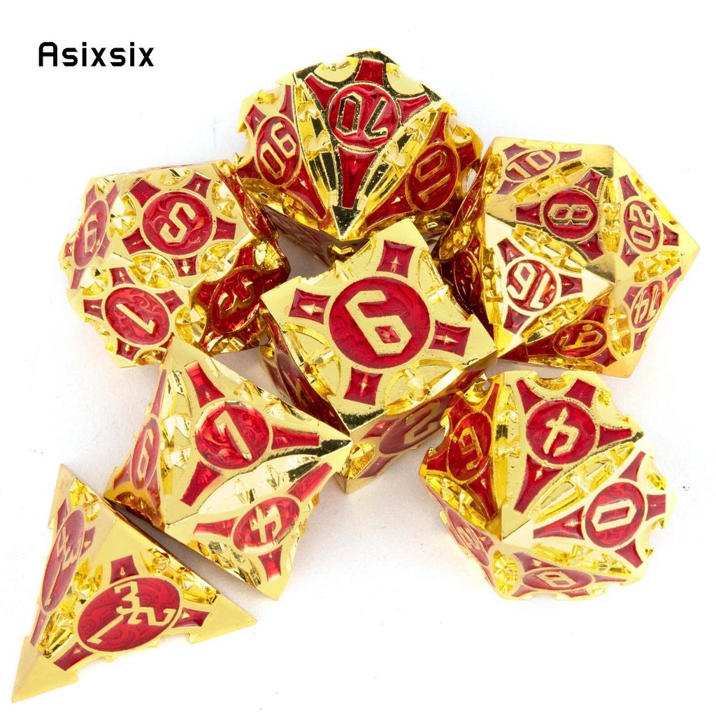 7dílná sada zlatých červených kovových kostek z masivního kovu s polyedrickými kostkami vhodná pro hraní RPG deskových her a karetních her