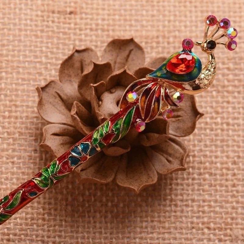 

Retro Women Enamel Crystal Peacock Hair Stick Pin Chinese Style Handmade Accessories Ladies Gentle and Elegant Jewelry Headwear red