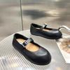 Fashion Women's Fashion Flat Shoes Spring New Round Head Shallow Mouth Metal Buckle A Word with Anti-slip Wear-resistant Single Shoes