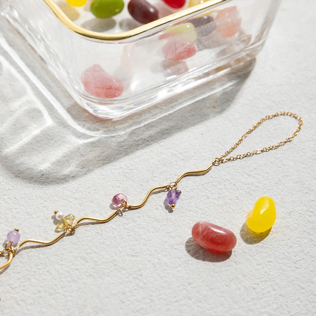 Zora Women's Vacation Style Colorful Natural Stone Crystal Finger Bracelet Gold Plated Stainless Steel Fine Jewelry