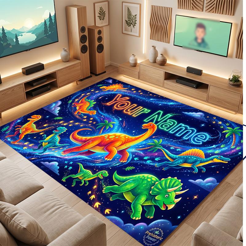 Dinosaur Theme Soft Crystal Velvet Rug Custom Name & Text Print Non Slip Floor Rug for Bedroom Living Room