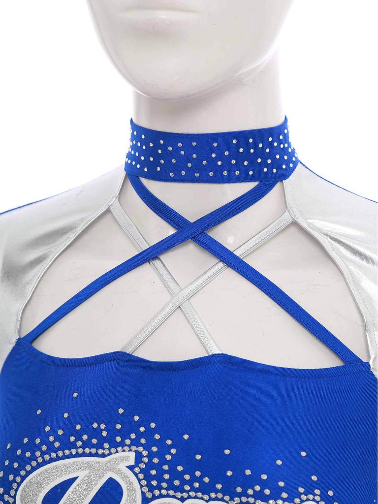 Dámská roztleskávačská uniforma Dvoudílný set Crop top s dlouhým rukávem a kříženými ramínky Taneční sukně Kamínkový výkonnostní outfit