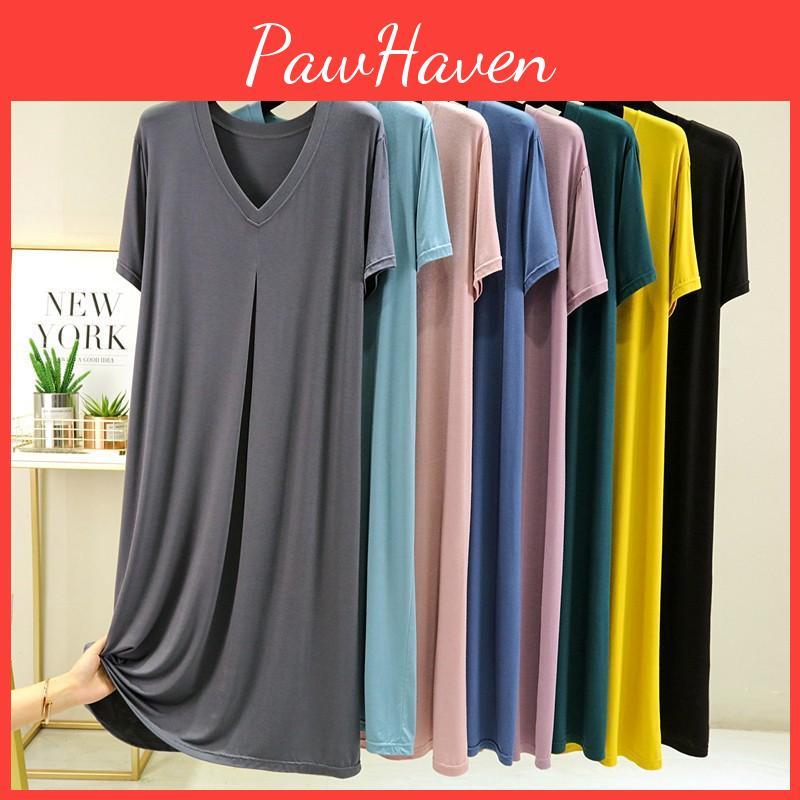 Dress Vneck Casual Summer Modal Short Sleeves Plus Size Fullskirted Dresses Loose Long Sleepdress