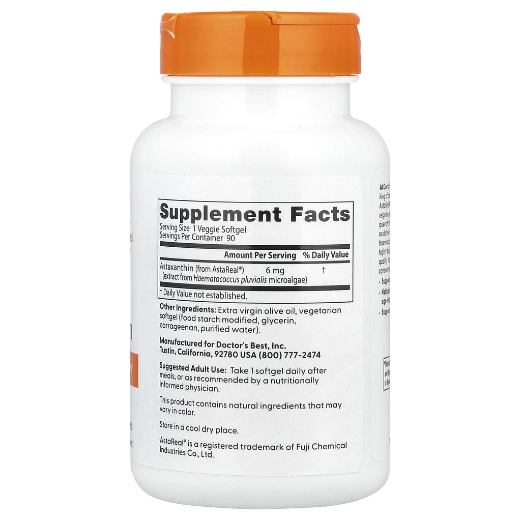 Doctor's Best Astaxanthin, 6Mg, Veggie Softgels, 90 Tablets