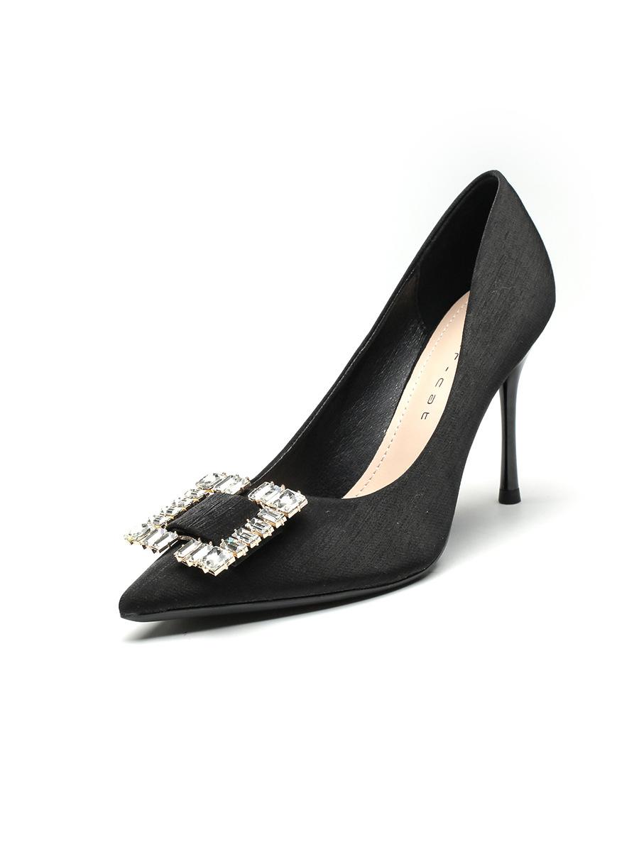 

French black high heels 2024 new pointed rhinestone square buckle European and American shallow mouth temperament thin heel single shoes women s shoes 34 чёрный