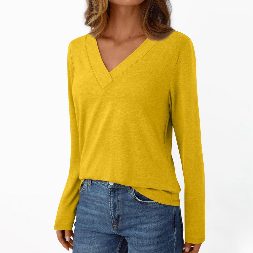 Women's Casual Fashion Brushed Solid Color Long-sleeved V-neck Top T-shirt