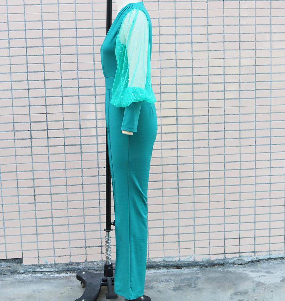 2022 Fall/Winter Women's European & American Style Mesh Spliced Long-Sleeve Slim Wide-Leg Jumpsuit