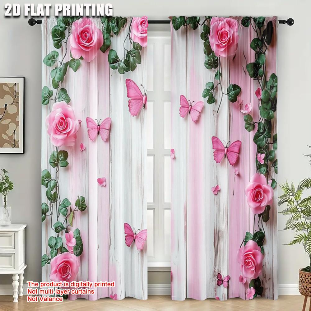2pcs   Light Filtering Curtains 2D plane printing Garden Butterfly Print Machine Washable Fabric (without rod) Outdoor