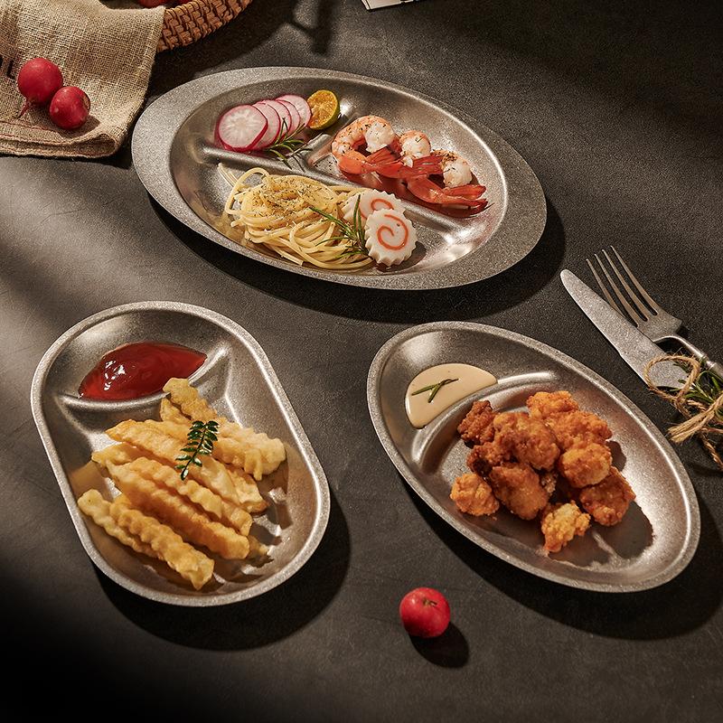 304 Rostfritt Stål Koreansk Snacksfat, Vintage Hem Dividerat Ovalt Fat, Ljus Lyx Frostat Utomhusmiddagsfat, Grillfat
