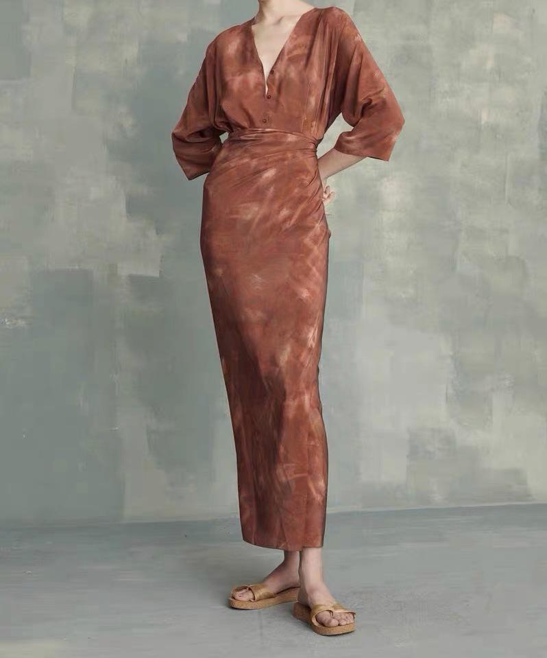 Elegant Burgundy Silk Wrap V-Neck Dress with Mid Sleeves