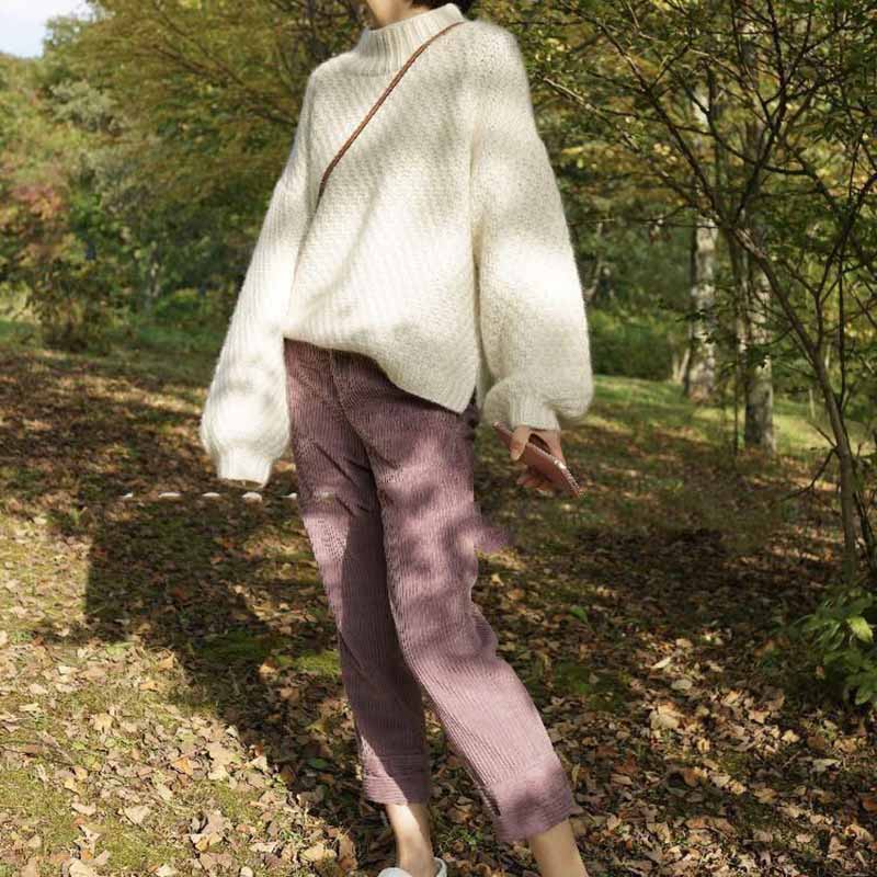 Soft White Sweater Women's Autumn and Winter Thick Round Neck Bubble Sleeve Soft Style Loose Knit Autumn and Winter
