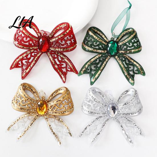 Christmas Tree Embellishments Acrylic Faux Crystal Bow Ornament, Sparkly Hollow Gold Edged Ornaments Knot Hanging Decoration for Home New Year