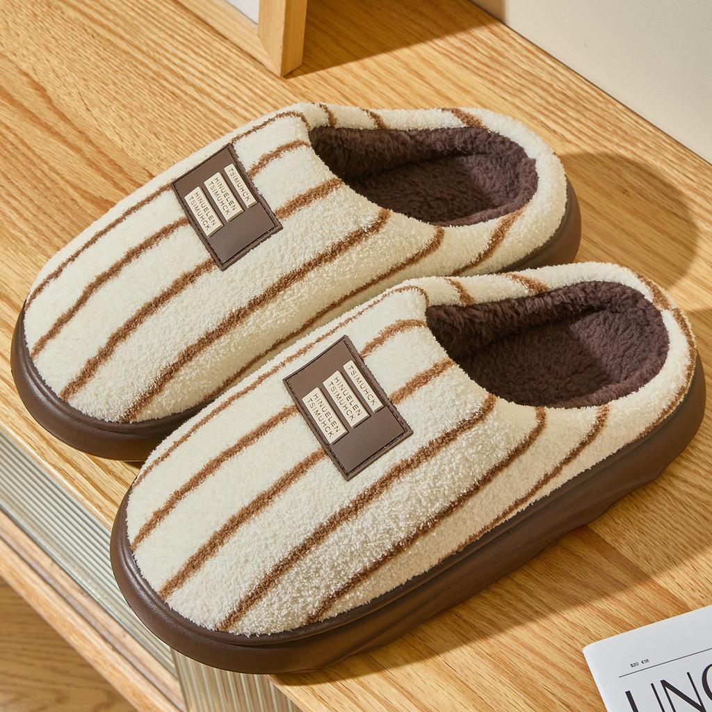 Striped Cotton Slippers Autumn and Winter New Indoor Home Non-slip Thick Bottom Velvet Warm Advanced Couple Cotton Mop