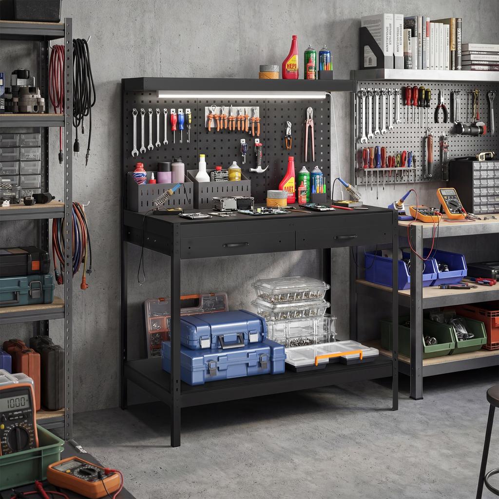 110 cm Workbench with Pegboard, Heavy Duty Work Table with Power Strip and LED Light, Black