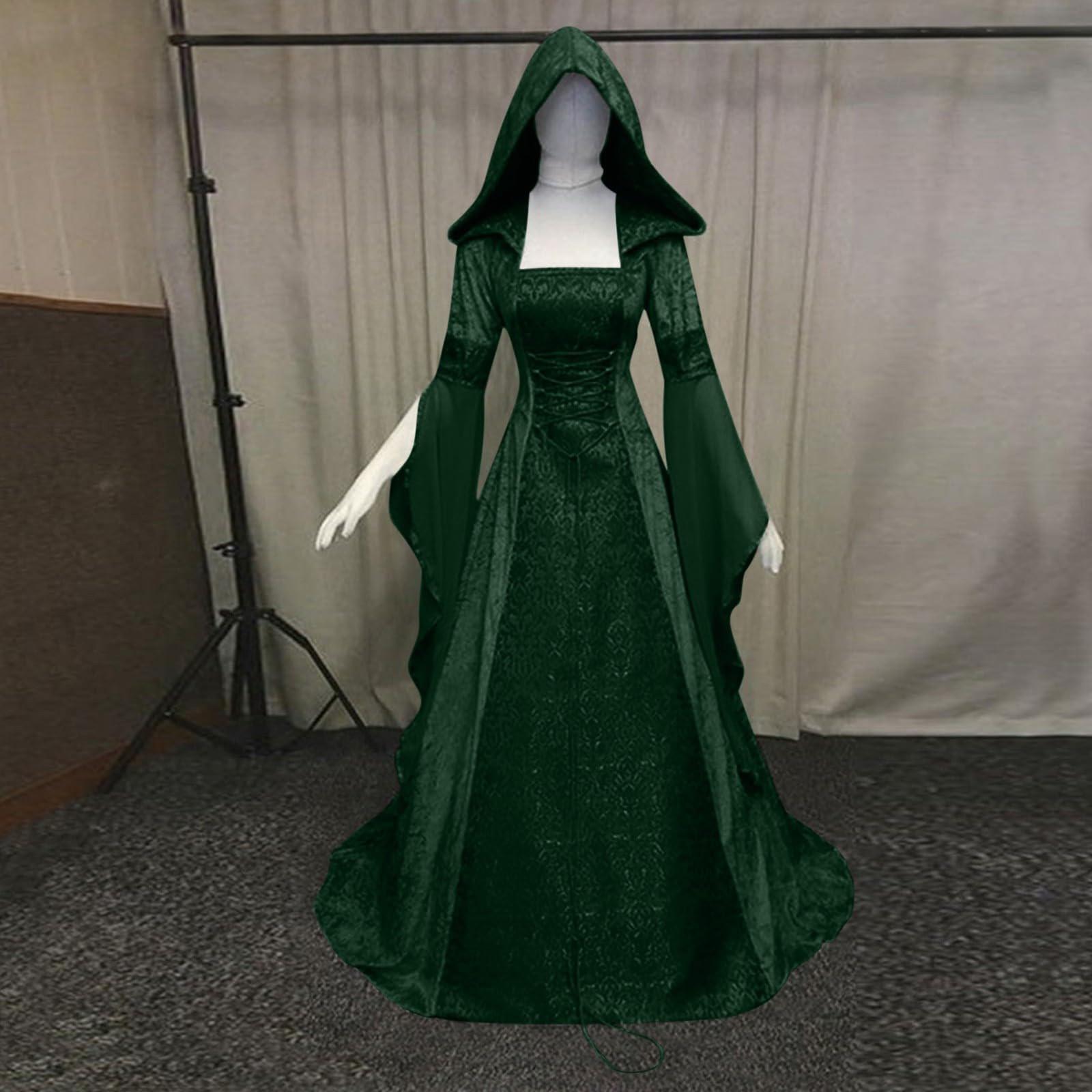 

Женская мода с длинным рукавом с капюшоном готическое платье длиной до пола, платье для косплея L зелёный