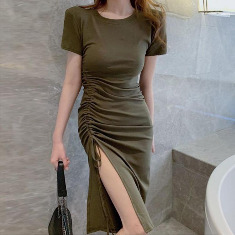 Sexy Summer Slit Dress Women Long Dress Midlength Slimming Short Sleeve Drawstring