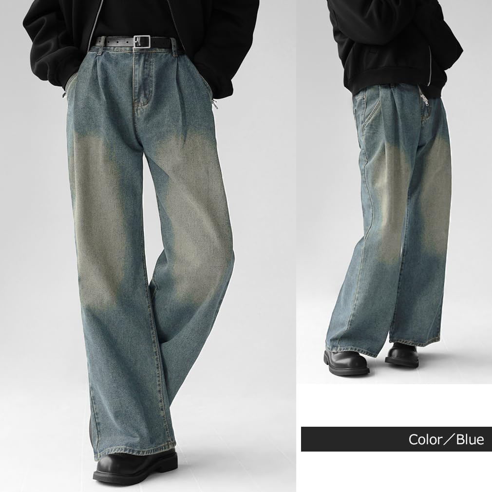 KAKELO Men's Semi-Flared Wide Leg Denim Jeans in Blue and Black (XL, Blue)