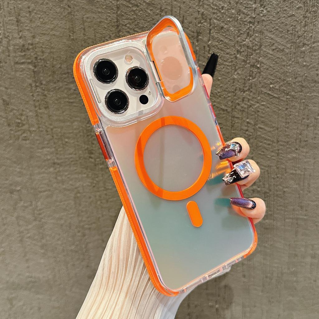 For iPhone 15 Pro Max Magnetic Case TPU Acrylic Phone Back Cover with Lens Film and Kickstand