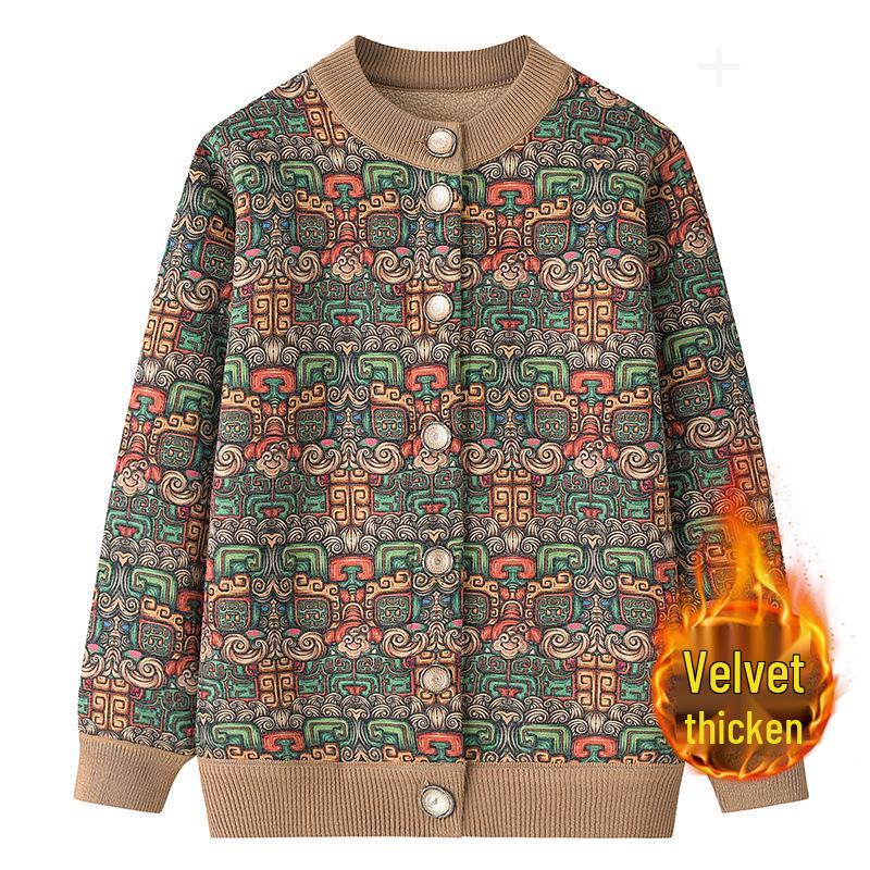 Women's Fleece-Lined Knitted Cardigan - Warm Autumn Winter Jacket for Elderly Ladies