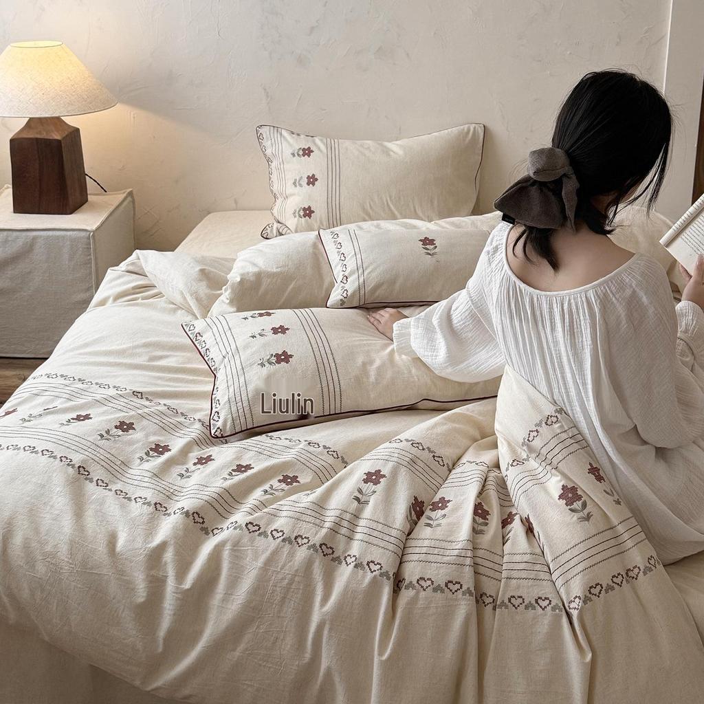 Spring/Summer Skin-Friendly Breathable Yarn-Dyed Cotton-Linen Embroidered Bedding Set