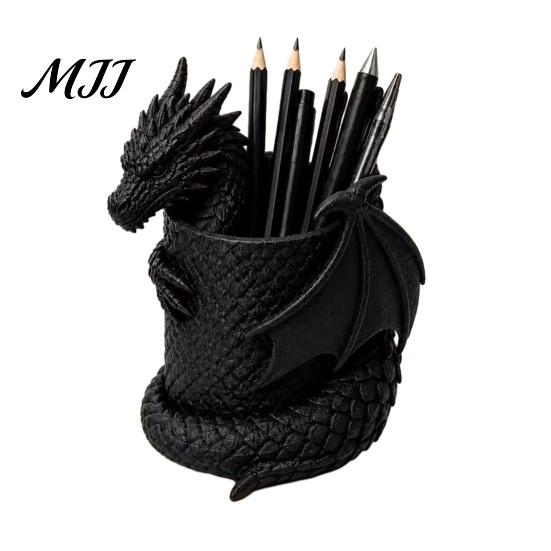 Detailed Sculpture Pen Stand 3D Printed Gothic Dragon Holder, Coiled Figurine Stationery Cup, Office Decor Fantasy Desk Organizer, Halloween Tabletop