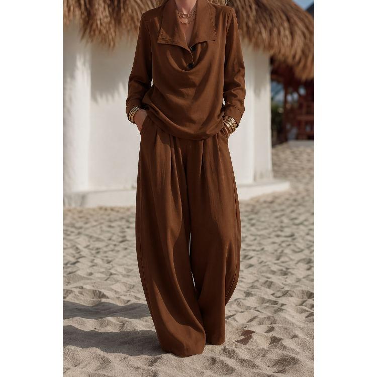 Women's Lapel Button Down Long Sleeve Top and Wide Leg Pants Set Solid Color Casual Two Piece Outfit