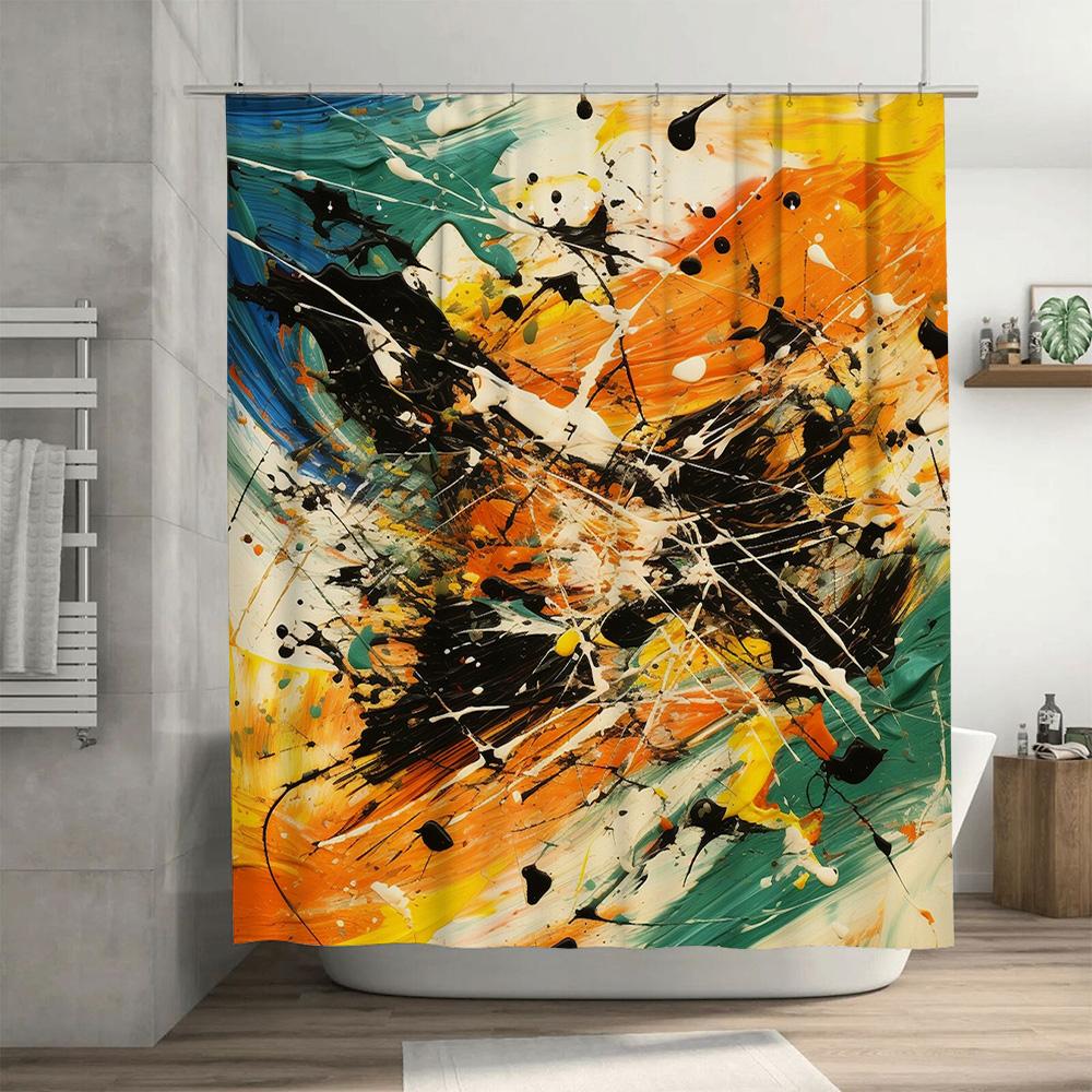 Artistic Splatter Shower Curtain Orange Black White Green Yellow Decorative Waterproof Bath Mat Set for Bathroom Renovations