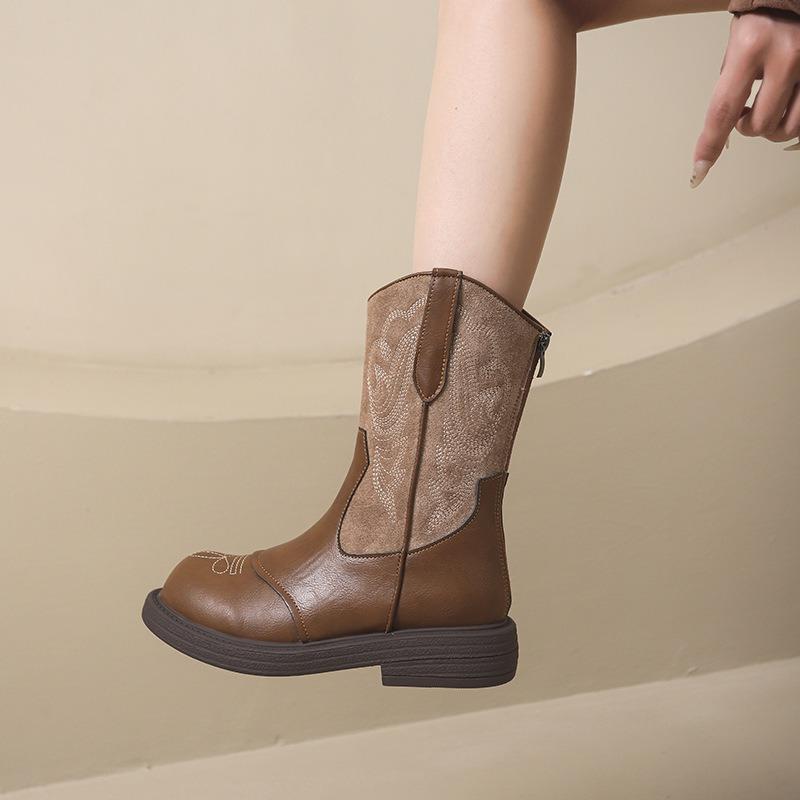 Kurzstiefel Damen Retro Bestickte Western Cowboy Stiefel Reißverschluss hinten Herbst und Winter Neue Ritterstiefel Martin Stiefel