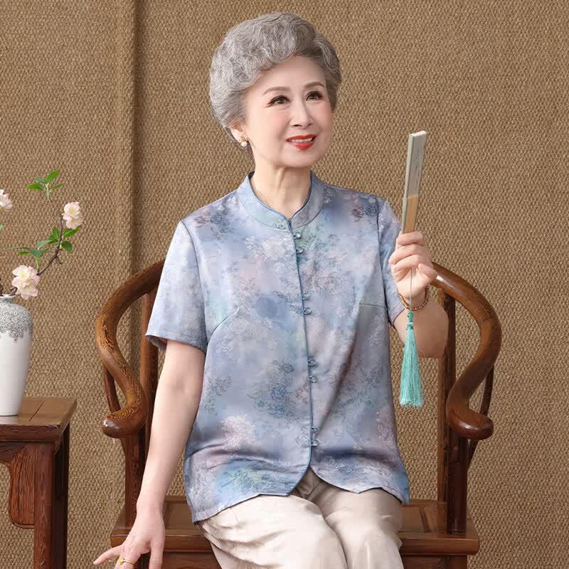 New Chinese Style Floral Print Summer Shirt for Middle-aged Women