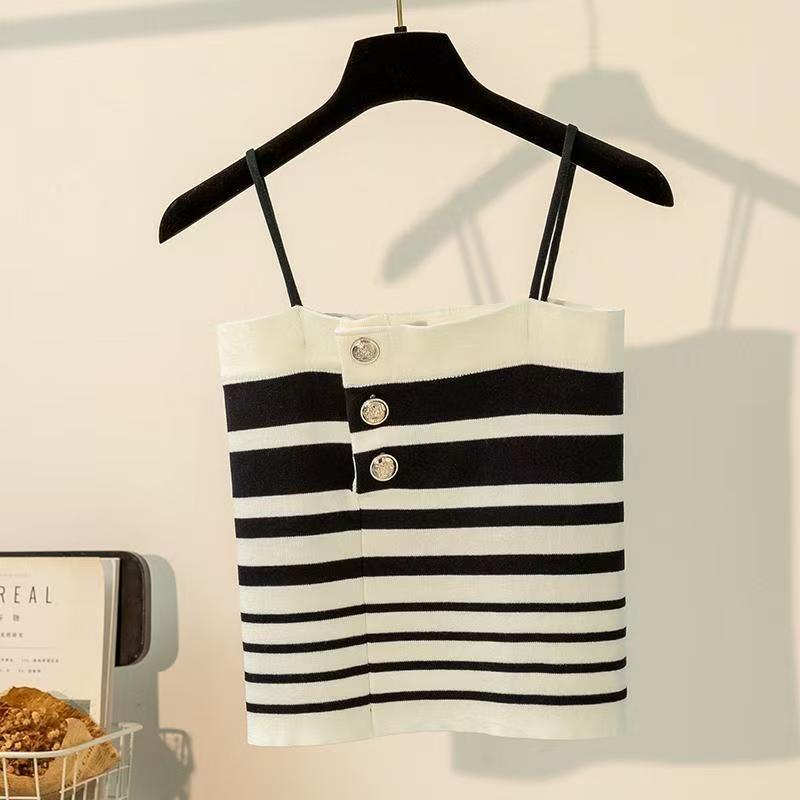 2026 French Style Knit Striped Camisole: Chic Sleeveless Summer Top for Women One Size