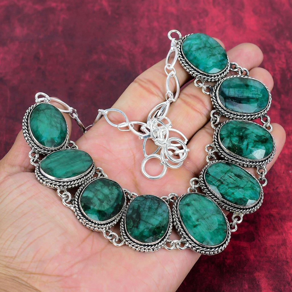 Zambian Emerald Jewelry 925 Solid Sterling Silver Necklace, Handmade Adjustable Chain Necklace Gemstone Jewelry, Gifts For Wife Brand New Necklace