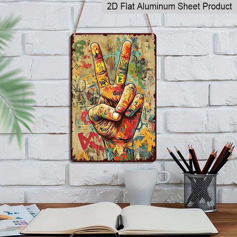 2D Flat Vintage Graffiti Art & Peace Sign | Aluminum Wall Hanging with Doodle Drawing and Peace Hand Gesture, Pre-Drilled Holes, Humorous Design