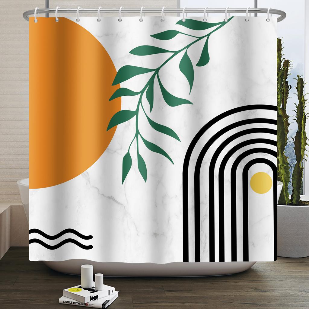 Mid Century Abstract Boho Shower Curtain Green Leaf Plant Modern Arch Sun Minimalist Nordic Waterproof Bathroom Bath Curtain