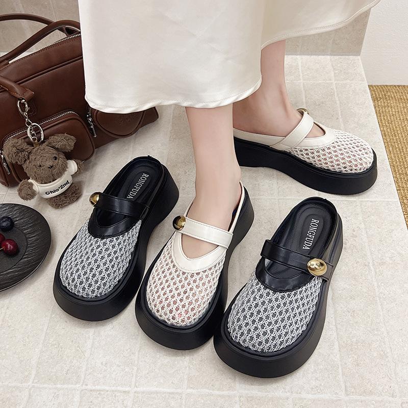 Platform-soled Boken shoes women's bag head half slippers summer wear 2025 new shoes lazy one pedal mesh cool slippers