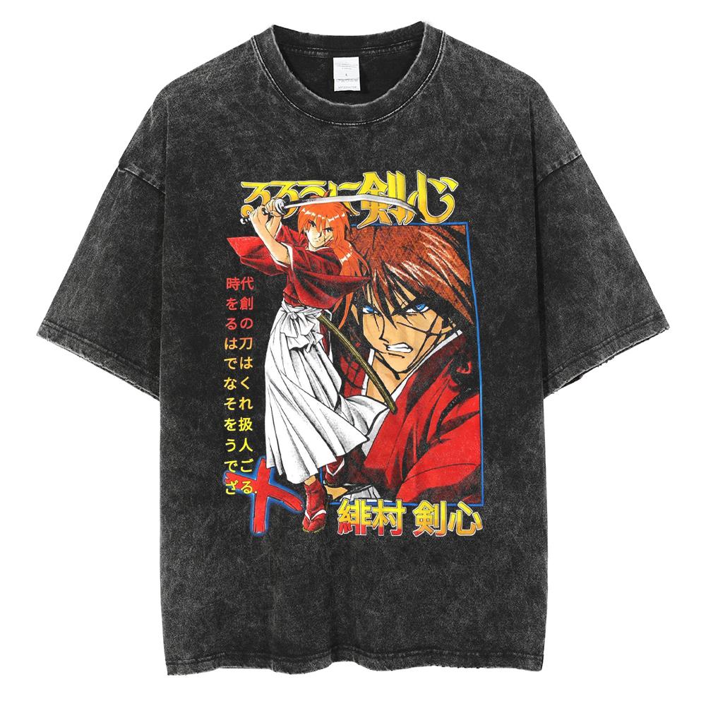 Harajuku Anime Rurouni Kenshin Himura Kenshin Print Tshirt Men Manga Oversized Tshirts Washed Cotton Tee Male Casual T Shirt