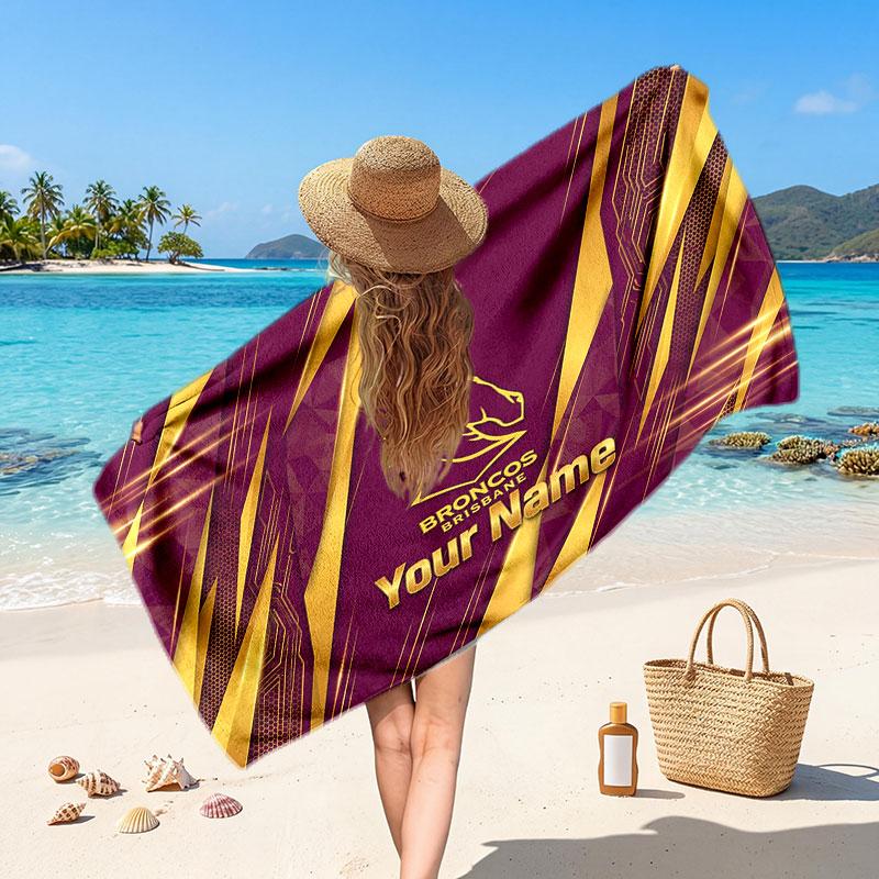 Brisbane Broncos Customized Name Text Beach Towel, Soft Absorbent Towel Beach Pool Travel Personal Gift