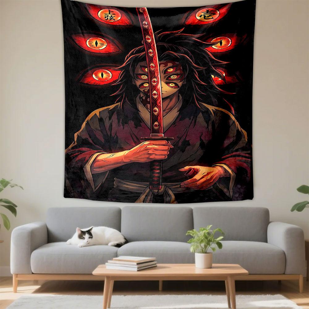 Kokushibo Demon Slayer Anime Wall Tapestry Upper Rank One Red Eyes Katana Dark Decor for Boys Bedroom Game Room Gift