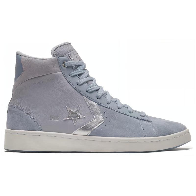 Converse Cons Pro Leather Non-slip and Abrasion Resistant High-Top Board Shoes Unisex Gray Blue Silver