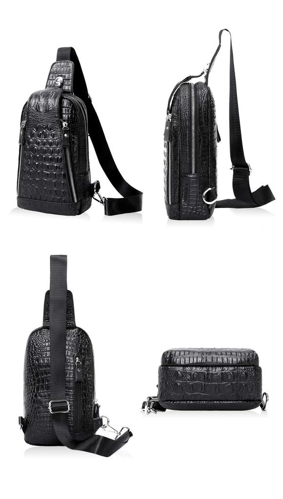 Whatna Cowhide Leather Crossbody Genuine Black Leather Cowhide Crocodile-Embossed Bag, One-Shoulder Bag, Men's, Leather, Thick, (KX5010-Black Leather)