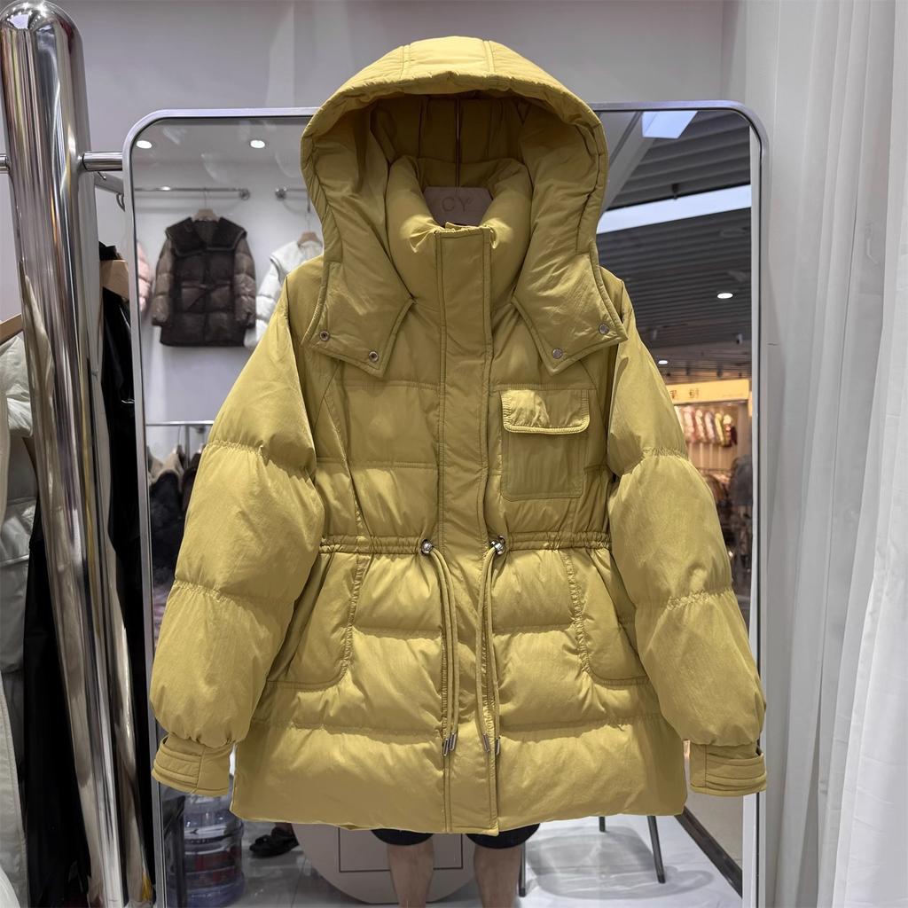 Autumn and winter new down jackets women's medium and long hooded waist drawstring thickened fashionable duck down warm jacket
