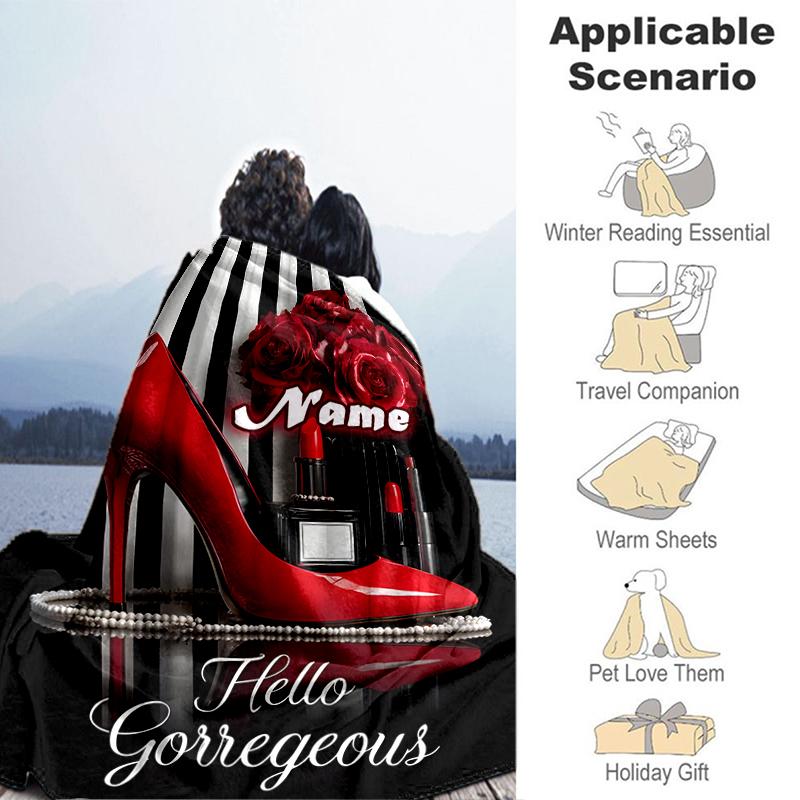 1PC Custom Name Glamorous Heels Roses outdooor Flannel blankets Throw Blanket All-Season Throw Gift Bedspread for Couch, Bed, Camping Holiday Birthday
